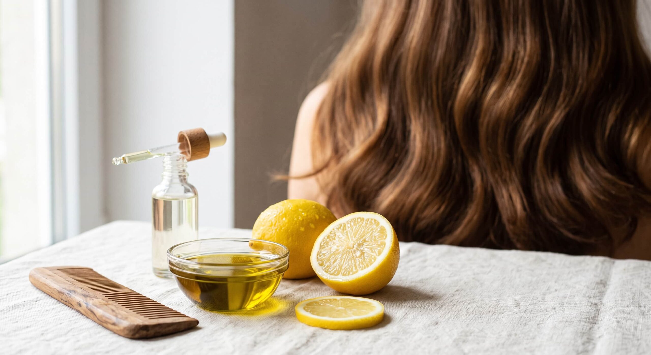 Aceite de oliva con limón para el cabello: cuenco de aceite, limón cortado, cuentagotas y peine de madera