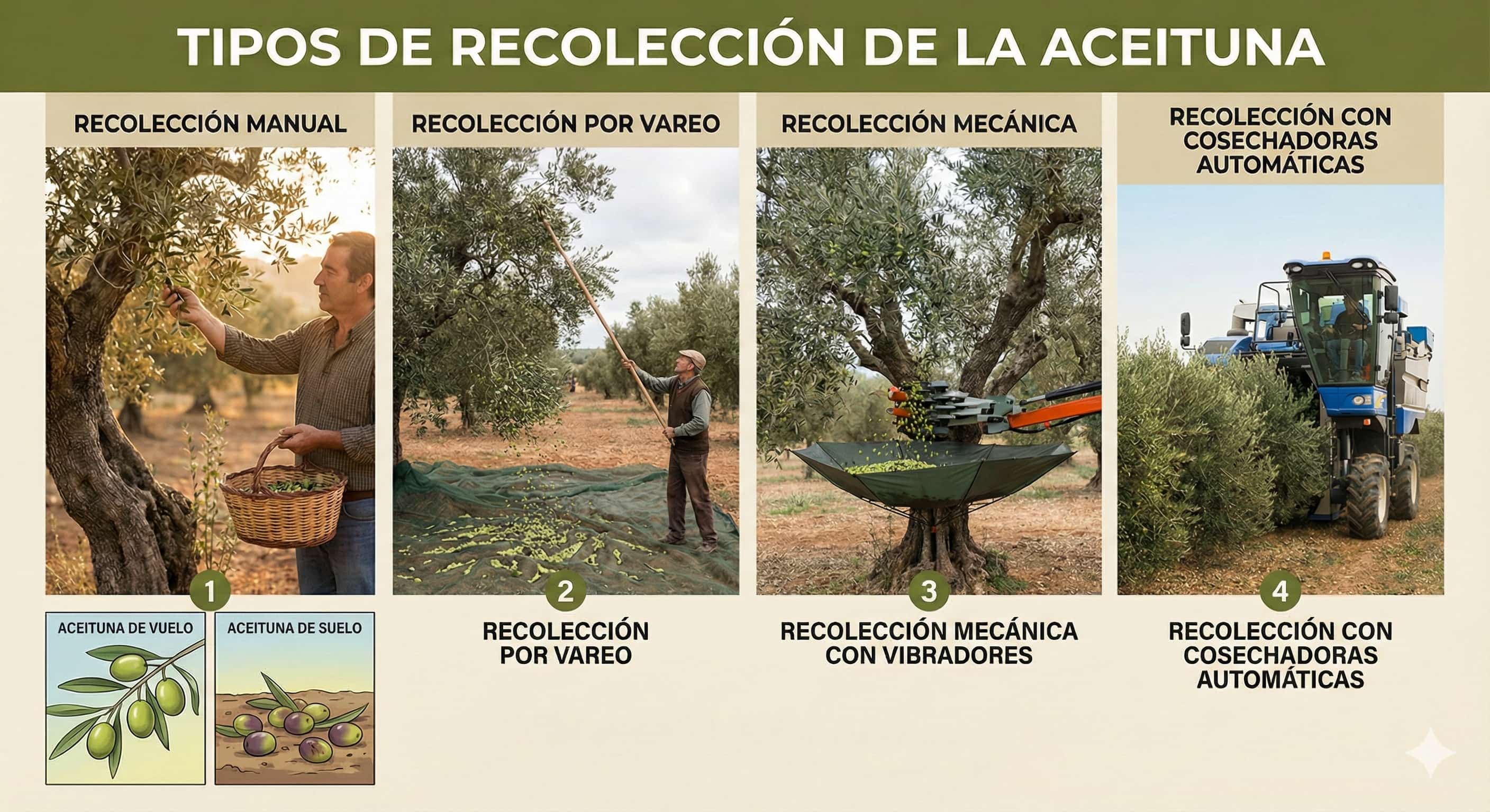Tipos de recolección de la aceituna: ordeño manual, vareo, vibradores y cosechadoras cabalgantes