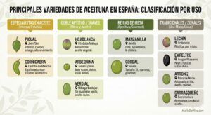 Principales variedades de aceituna de España: Picual, Hojiblanca, Arbequina, Manzanilla y Gordal