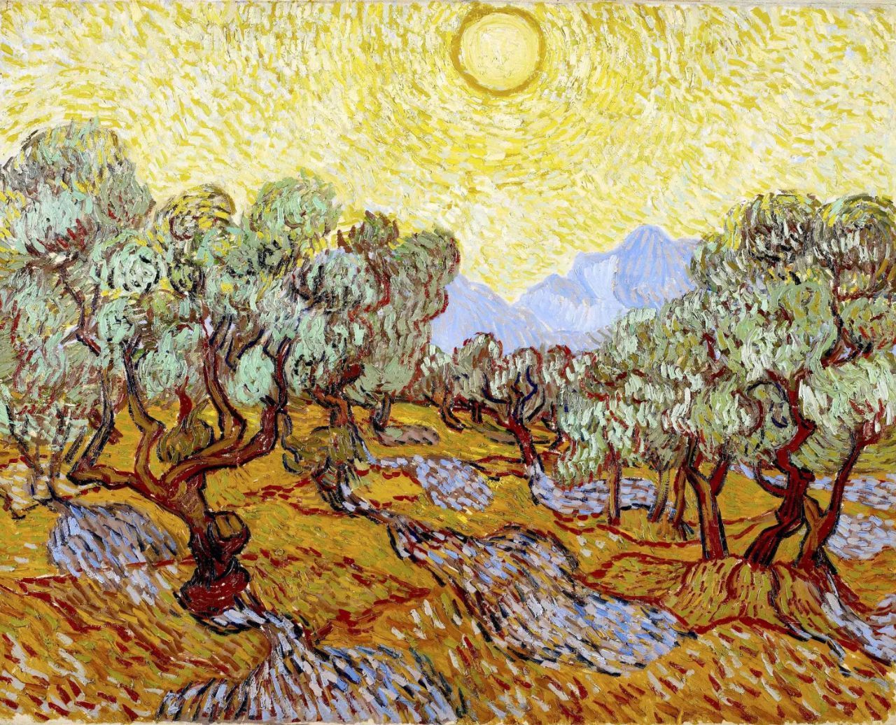 Olivos con cielo amarillo y sol - Van Gogh