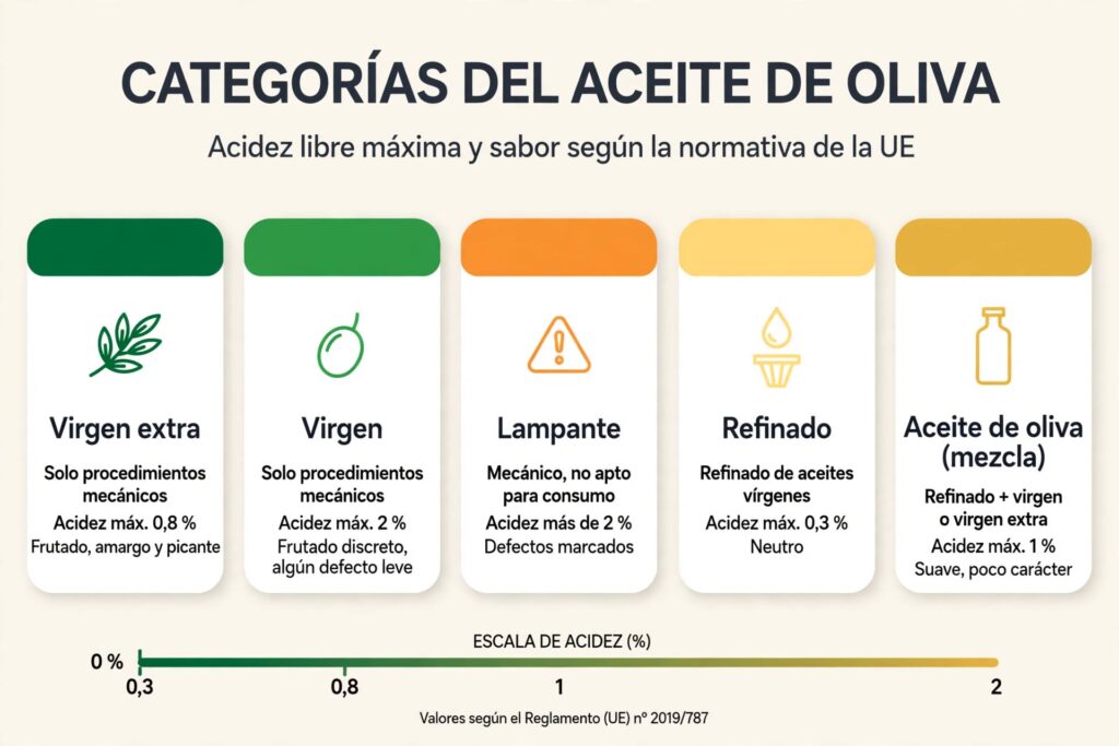 Infografía que compara las categorías del aceite de oliva con el aceite refinado según acidez y sabor