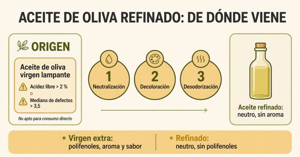 Infografía del origen del aceite de oliva refinado: del aceite lampante a la neutralización, decoloración y desodorización